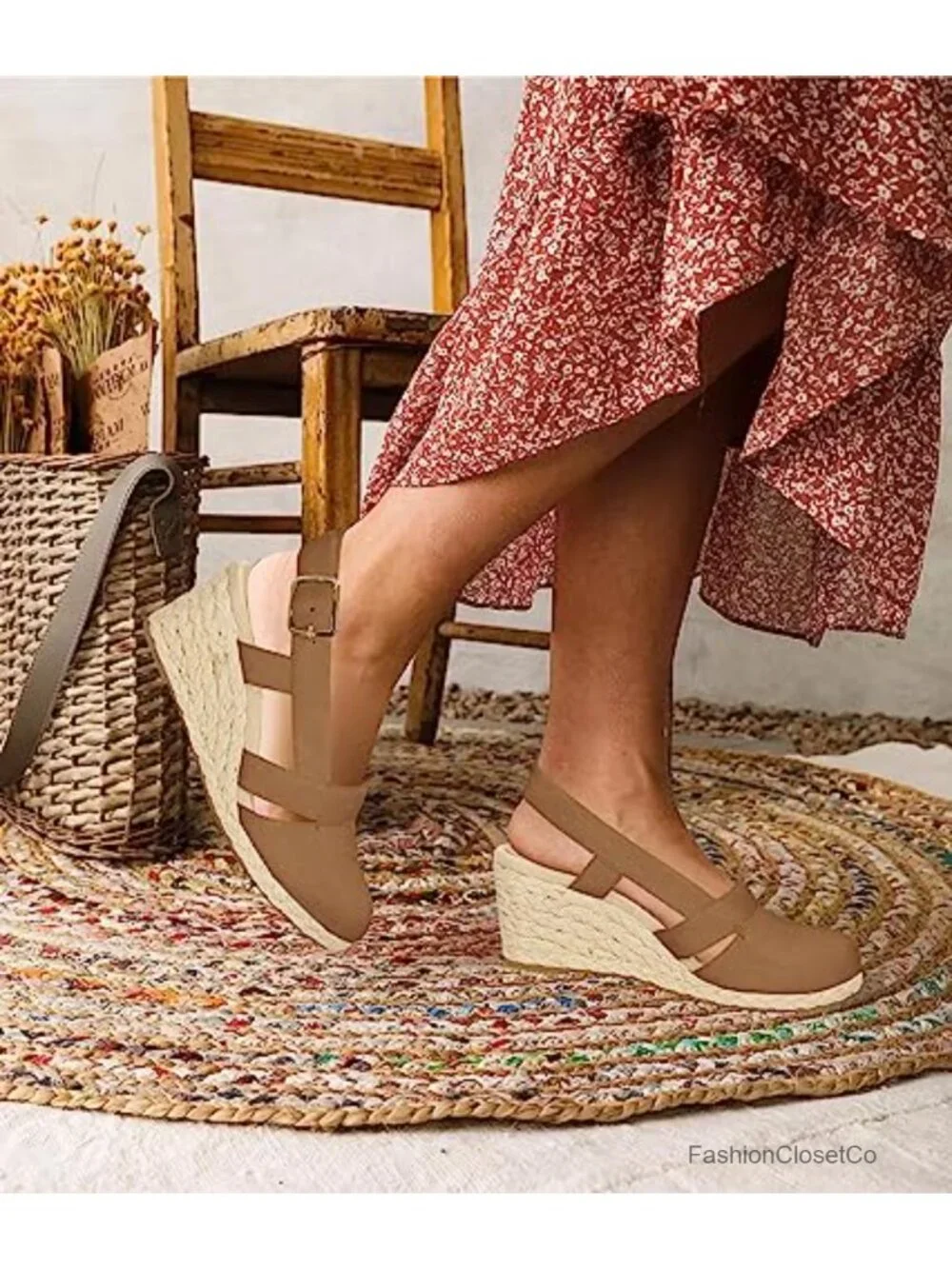 Manmade Leather Wedge Espadrilles Slingback Closed Toe Sandals with Buckle Strap